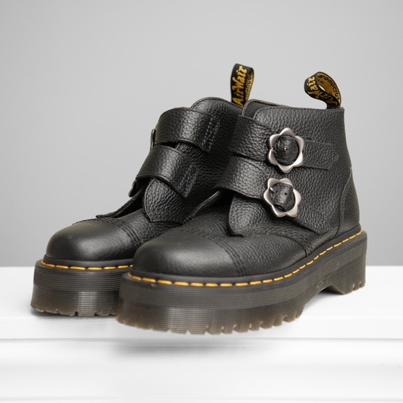 Dr. Martens Shoes - Dr Martens Leather Chunky Platform Boots Sz8 Flower Buckle Edgy Goth Girl Grunge